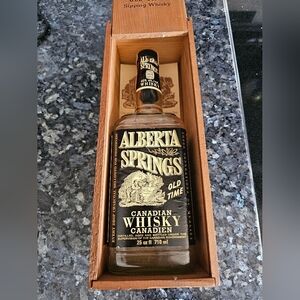 Vintage 1973 Alberta Springs Whisky Bottle and Wooden Box - Retro Canadian